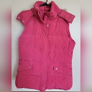 Talbots Women's Pink Duck Down Puffer Vest Removable Faux Fur Hat Size Small